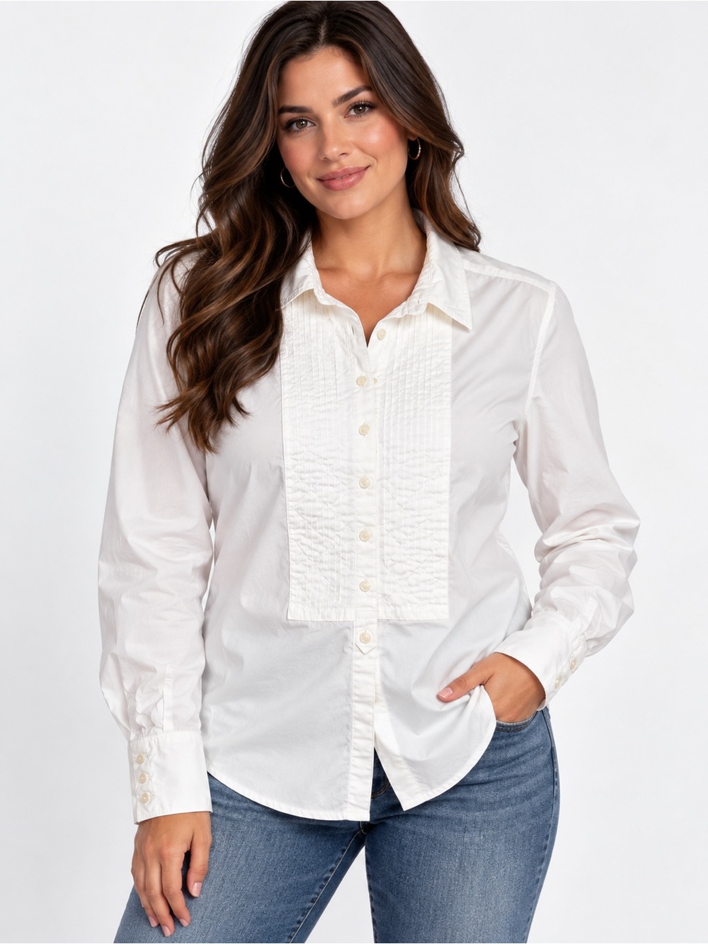 Eddie Bauer Women’s White Cotton Tuxedo Pintuck Button Down Shirt Size L